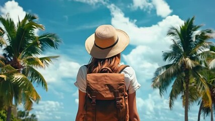 Happy traveler woman with a backpack stands on a tropical beach, enjoying the ocean view on a sunny day. World Tourism Day. Banner. Copy space