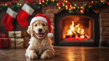 A fluffy golden retriever puppy wearing a tiny Santa hat