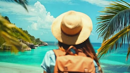 Happy traveler woman with a backpack stands on a tropical beach, enjoying the ocean view on a sunny day. World Tourism Day. Banner. Copy space