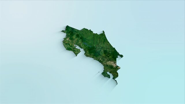 Costa Rica animated map showing provinces forming the country with a physical map background and a chroma key alpha channel.