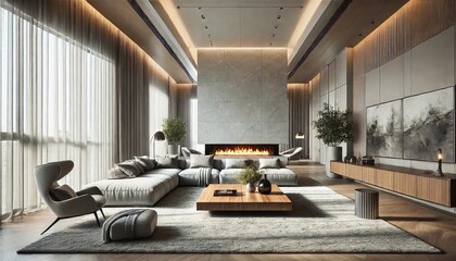 A luxurious and modern interior of a living room with a high ceiling. The room has a large sectional sofa in soft gray fabric