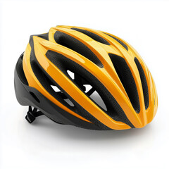 Fototapeta premium Vibrant yellow bicycle helmet resting on a smooth white background