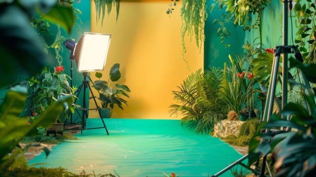 Creative indoor photography set with vibrant green and yellow theme