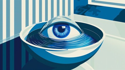 Tranquil blue eye watching from water bowl background image. Surreal surveillance flat colorful illustration backdrop horizontal. Human eyeball watching wallpaper art concept