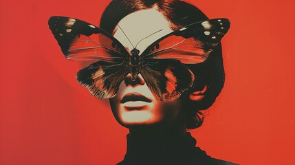 Large exotic butterfly on woman face closeup image. Quiet female with closed by tropical insect close up photography. Eerie ornament in modern fashion concept photo realistic