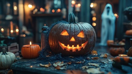 Fototapeta premium A carved jack-o'-lantern sits on a table with candles and other Halloween decorations. A ghost figure stands in the background.
