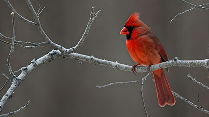 A vibrant northern cardinal perched on a leafless branch, its bright red feathers standing out against the stark, bare wood. Ai