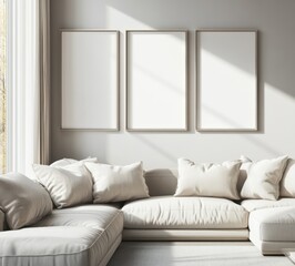 mock up poster frame in modern interior background, living room, Scandinavian style, 3D render, 3D illustration