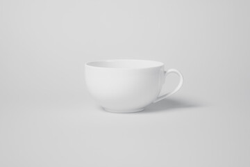 A white cup sits on a white background. The cup is empty and has a handle. Concept of simplicity and minimalism