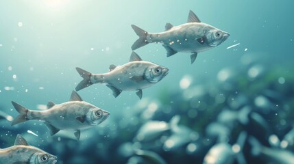 Fototapeta premium A serene underwater scene with a school of fish swimming gracefully through clear water, illuminated by sunlight filtering from above. The image captures the peaceful movement of fish in their natural