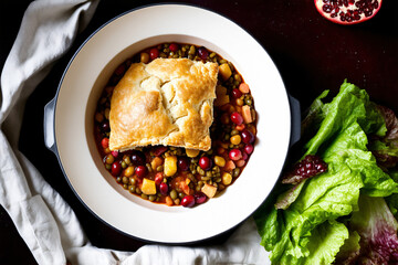 Vegan Christmas pie, with vegetables and lentils, a beautiful flaky golden crust exuding savoury aroma