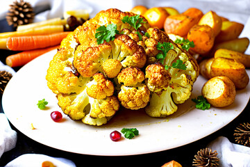 Festive roasted cauliflower in the center, golden and crisp, drizzled with a savory herb glaze and baby potatoes