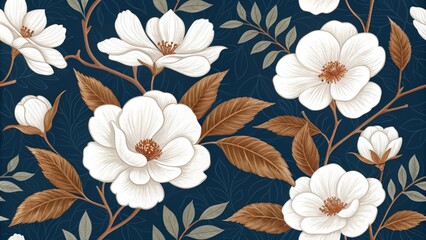 White Flowers and Brown Leaves Seamless Pattern on Navy Blue Background, Floral, Seamless pattern