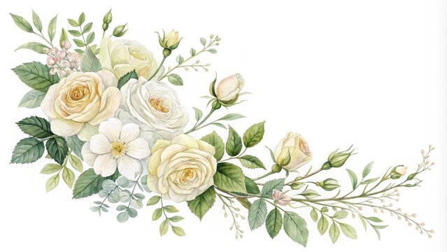 Watercolor White Roses and Green Leaves Corner Border, floral design, wedding invitation, , border design
