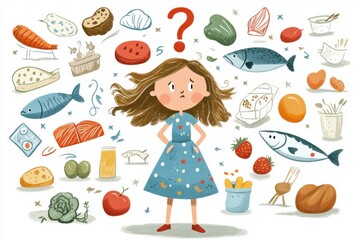 An illustrated girl stands surrounded by various foods, symbolizing confusion about dietary choices, allergies, or nutritional decisions.