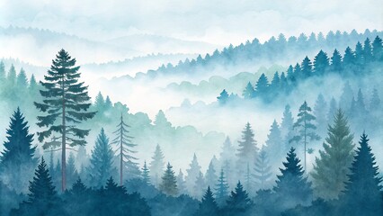 Fototapeta premium Watercolor Silhouettes of a Misty Forest, Abstract Painting, Forest Landscape, Watercolor Art, Nature , Fog