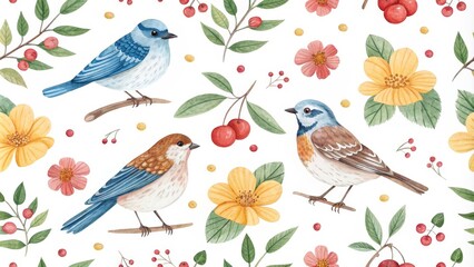 Watercolor Seamless Pattern with Birds, Berries and Flowers, floral pattern, bird pattern