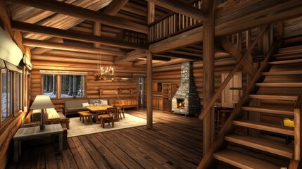 Cozy Rustic Log Cabin Interior with Wooden Beams and Fireplace