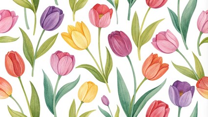 Watercolor Seamless Pattern with Colorful Tulips, Floral Spring Background, Flowers Illustration, Botanical Design, Springtime Bloom, Nature Art, Tulip Garden