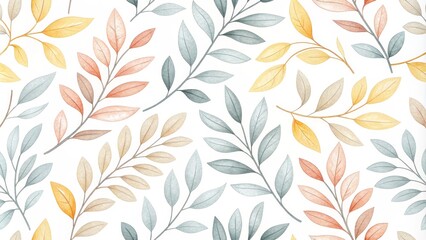 Fototapeta premium Watercolor Seamless Pattern of Delicate Leaves in Soft Tones, autumn , botanical
