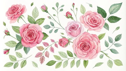 Watercolor Pink Roses and Green Leaves, Floral Clipart, Botanical Illustration, Roses, Watercolor ,flowers, botanical