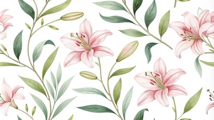Watercolor Pink Lily Floral Seamless Pattern, Botanical, Floral , pattern