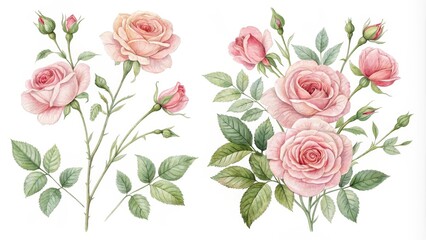 Naklejka premium Watercolor Pink Rose Bouquet, Botanical Illustration, Floral Art, Flowers, Watercolor , rose, botanical