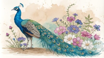 Watercolor Peacock with Floral Arrangement, Peacock, Watercolor Painting, Floral Art