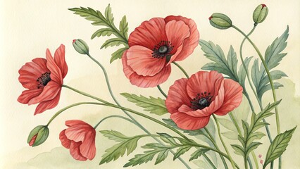 Watercolor Painting of Red Poppies with Green Foliage, Watercolor Art, Flowers , poppy, nature