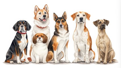 Watercolor Painting of Six Dogs Sitting Together, Animal Portrait, Dog Breeds , Watercolor Painting