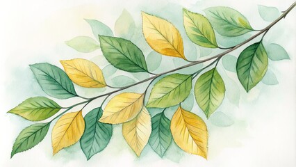 Obraz premium Watercolor Painting of Green and Yellow Leaves on a Branch, autumn , foliage
