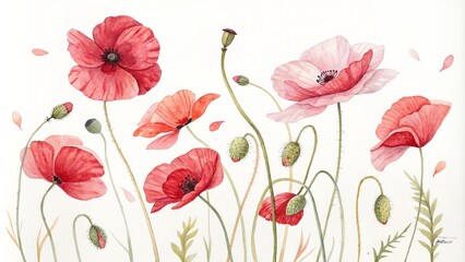 Watercolor Painting of Delicate Poppy Flowers, Floral Art, Botanical Illustration, Poppy , Watercolor