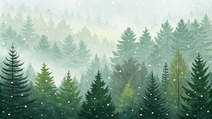 Fototapeta premium Watercolor Painting of a Snowy Forest with Silhouetted Trees, Winter Wonderland, Forest, Snow