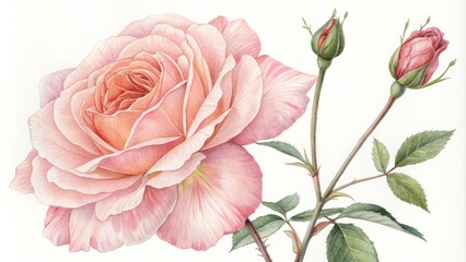 Fototapeta premium Watercolor Painting of a Delicate Pink Rose with Buds, floral, botanical art, rose painting, watercolor art