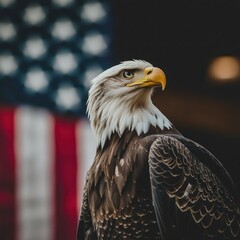 Obraz premium A Bald Eagle stands proudly with the American flag in the background.