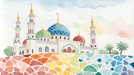 Watercolor Mosque Illustration with Mosaic Pattern, Islamic ,Architecture