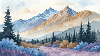 Fototapeta premium Watercolor Mountain Landscape with Pine Trees, Blue and Brown Tones, Watercolor Art, Nature Painting, Mountains, Landscape, Nature