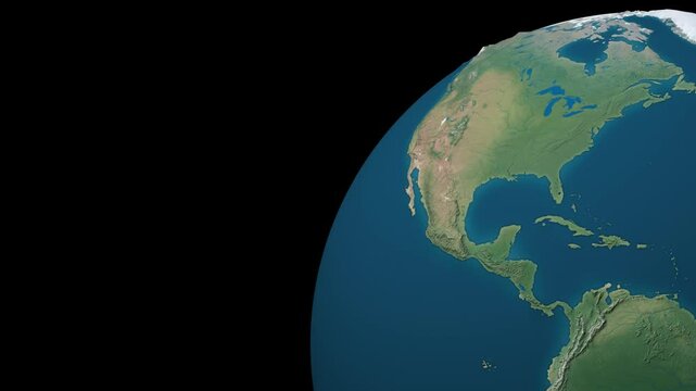 Rotating Planet 3D Earth Northern Quarter Focus - Terrain Bump Detailed Seamless loop on Transparent Background