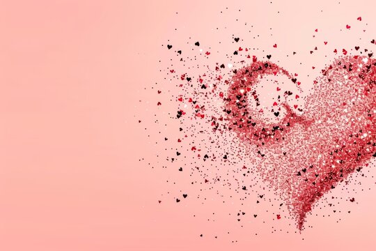 A glitter heart breaking into pieces on a pink background, symbolizing love, Valentine's Day, or a broken heart