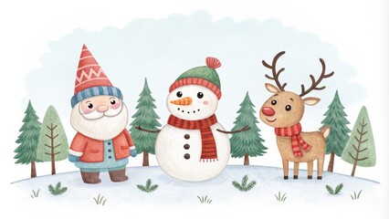 Watercolor Illustration of Snowman, Reindeer, and Gnome in a Snowy Forest, winter illustration, christmas illustration