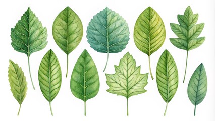Watercolor Illustration of Ten Detailed Green Leaves, leaf, foliage