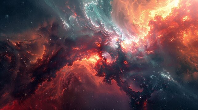 Fiery cosmic chaos 3d rendering image. Swirling energy. Explosive power, interstellar blaze. Universe galactic background wallpaper colorful realistic. Deep space phenomenon concept idea