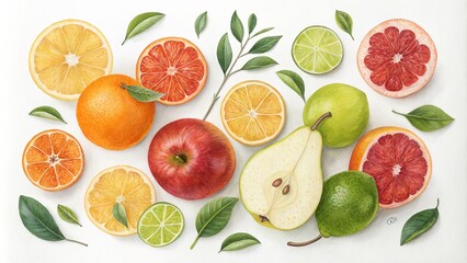 Watercolor Illustration of Fruits and Leaves, Botanical, Food Art, Still Life, Fruit Arrangement , fruit, watercolor