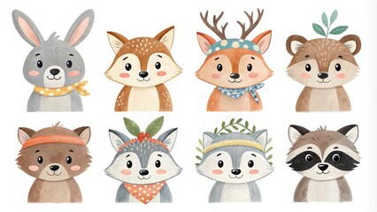 Watercolor Illustration of Cute Animals with Headshots, Watercolor, Animal Illustrations, Animal Heads, Cute Animals, Woodland Creatures, Forest Animals