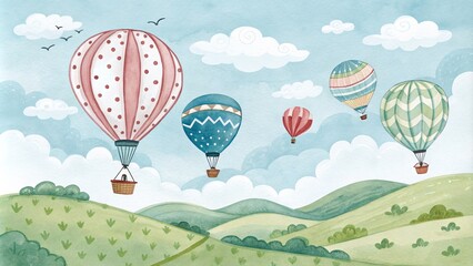 Fototapeta premium Watercolor Illustration of Colorful Hot Air Balloons Flying Over Rolling Hills, hot air balloon, watercolor illustration