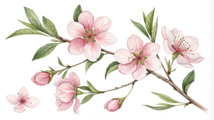 Watercolor Illustration of Delicate Pink Blossoms on a Branch, watercolor painting, floral art, botanical illustration, spring blossoms, delicate flowers, pink flowers