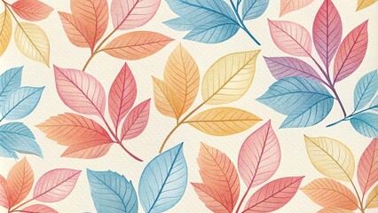 Watercolor Illustration of Colorful Leaves on Beige Background, nature , autumn