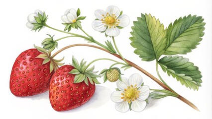 Watercolor Illustration of a Strawberry Plant with Flowers and Berries, botanical illustration, fruit illustration, strawberry plant, strawberry, watercolor painting