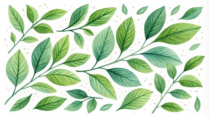 Watercolor Green Leaves on White Background, Leaf Pattern, Botanical Art, Watercolor Illustration, Nature, Floral Design, Greenery