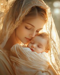 A tender intimate portrait of Mary holding baby Jesus